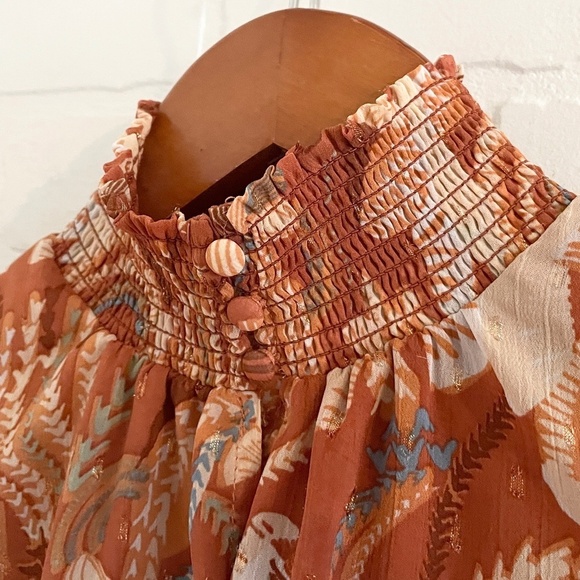 Revolve x Joie Blouse Rust Orange Metallic Floral High Neck Flounce shoulder XS - Picture 5 of 13